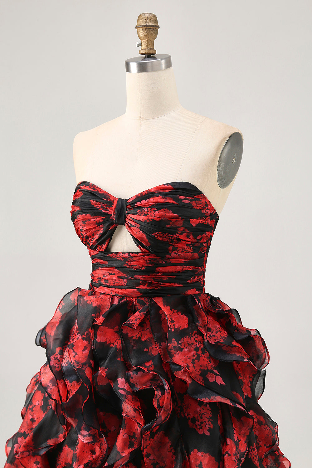 Black and Red Floral Sweetheart Cut Out Short Homecoming Dress with Ruffles