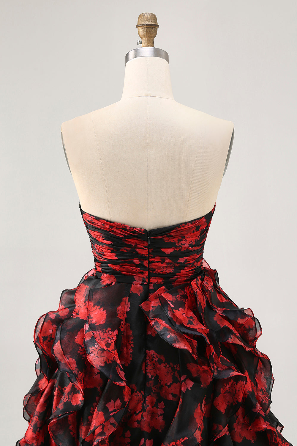 Black and Red Floral Sweetheart Cut Out Short Homecoming Dress with Ruffles