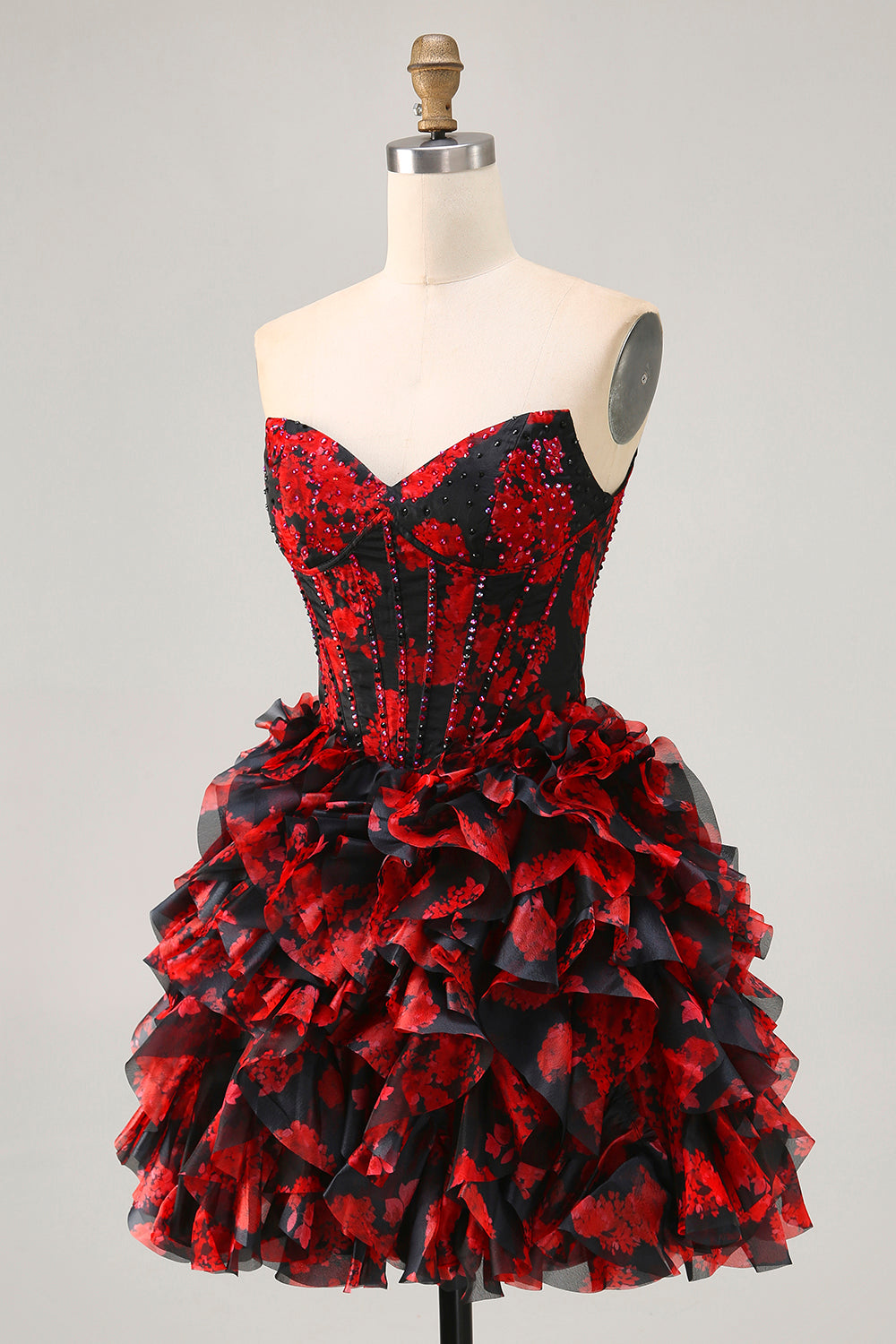 Sparkly Black and Red Corset Short Floral Homecoming Dress with Beading