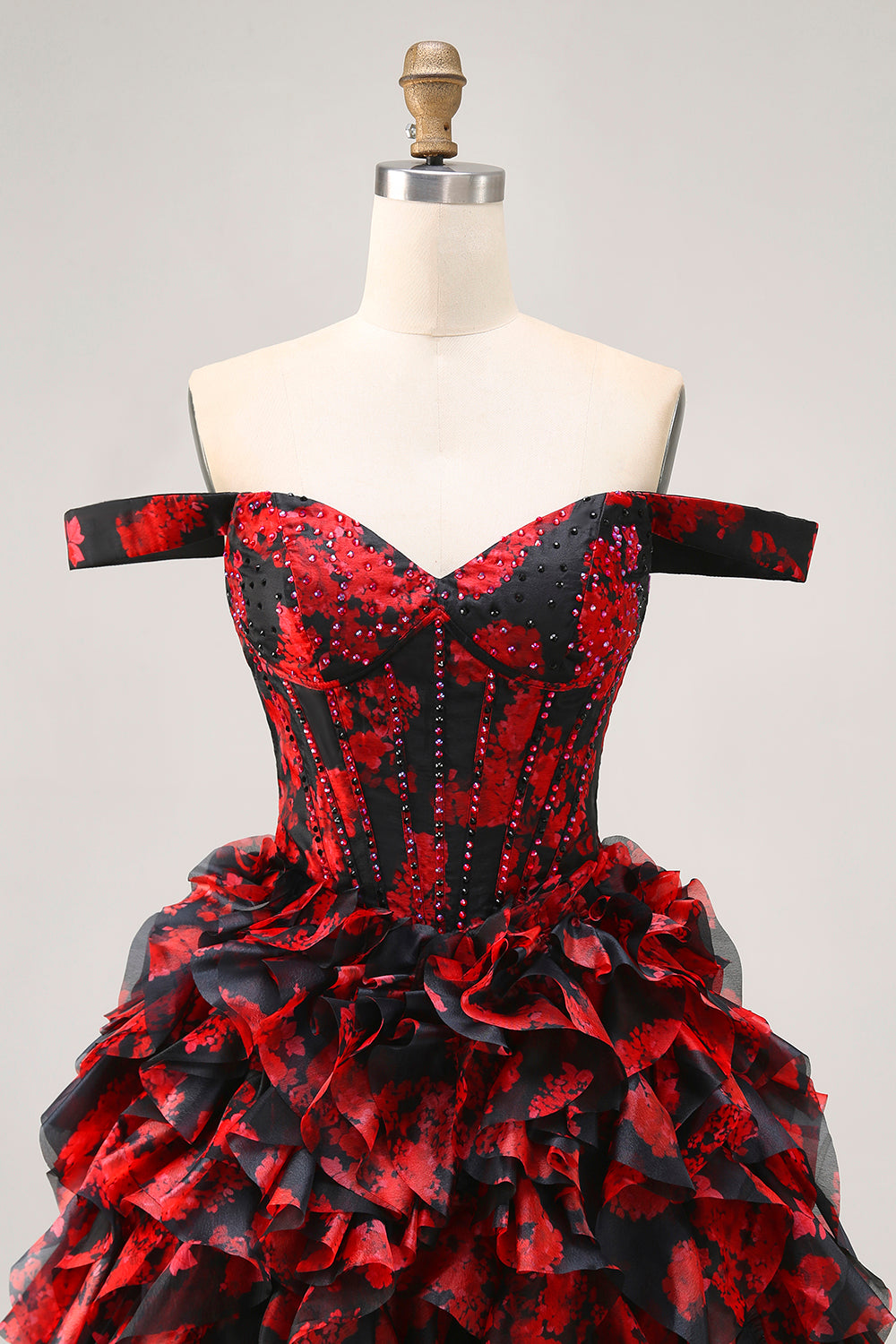 Sparkly Black and Red Corset Short Floral Homecoming Dress with Beading