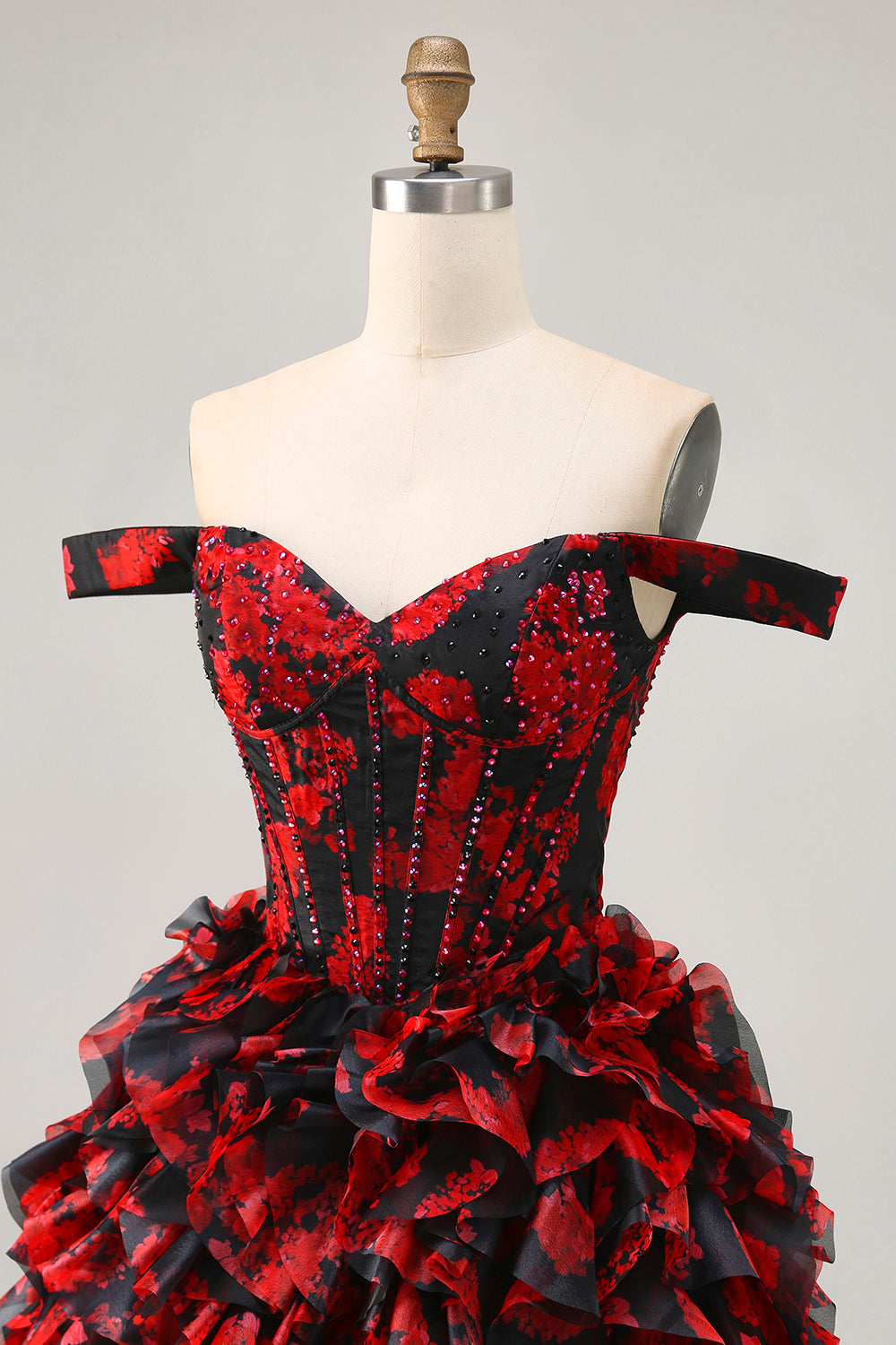 Sparkly Black and Red Corset Short Floral Homecoming Dress with Beading