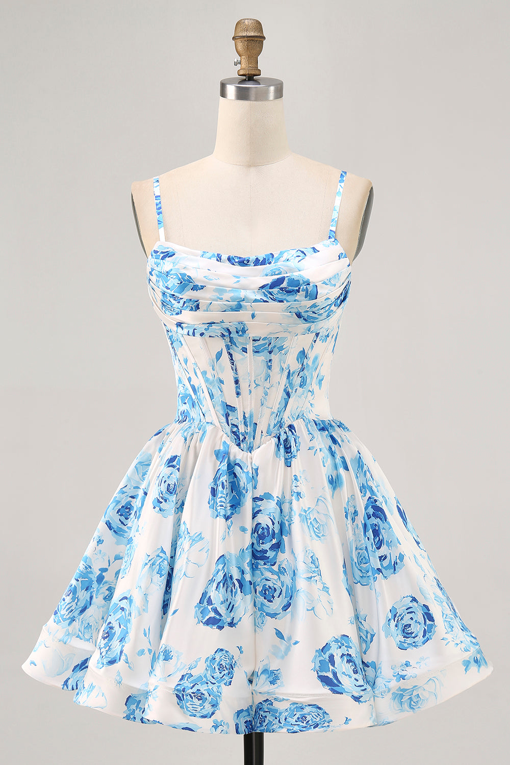 White and Blue Floral Satin Ruched Short Corset Homecoming Dress