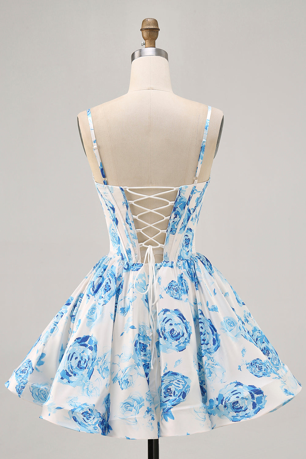 White and Blue Floral Satin Ruched Short Corset Homecoming Dress