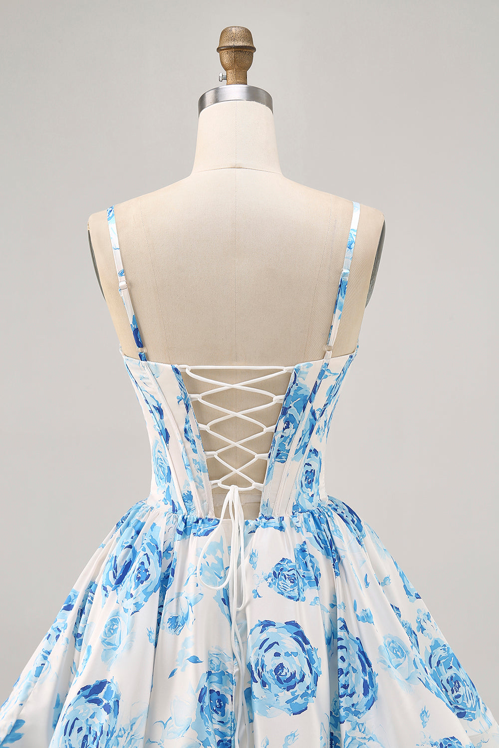 White and Blue Floral Satin Ruched Short Corset Homecoming Dress