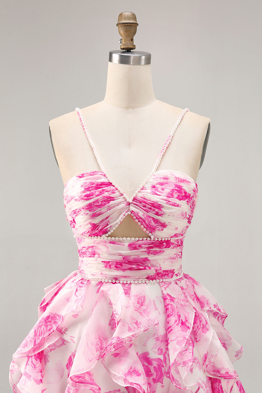 Floral White and Fuchsia Ruched Short Ruffled Homecoming Dress with Pearls