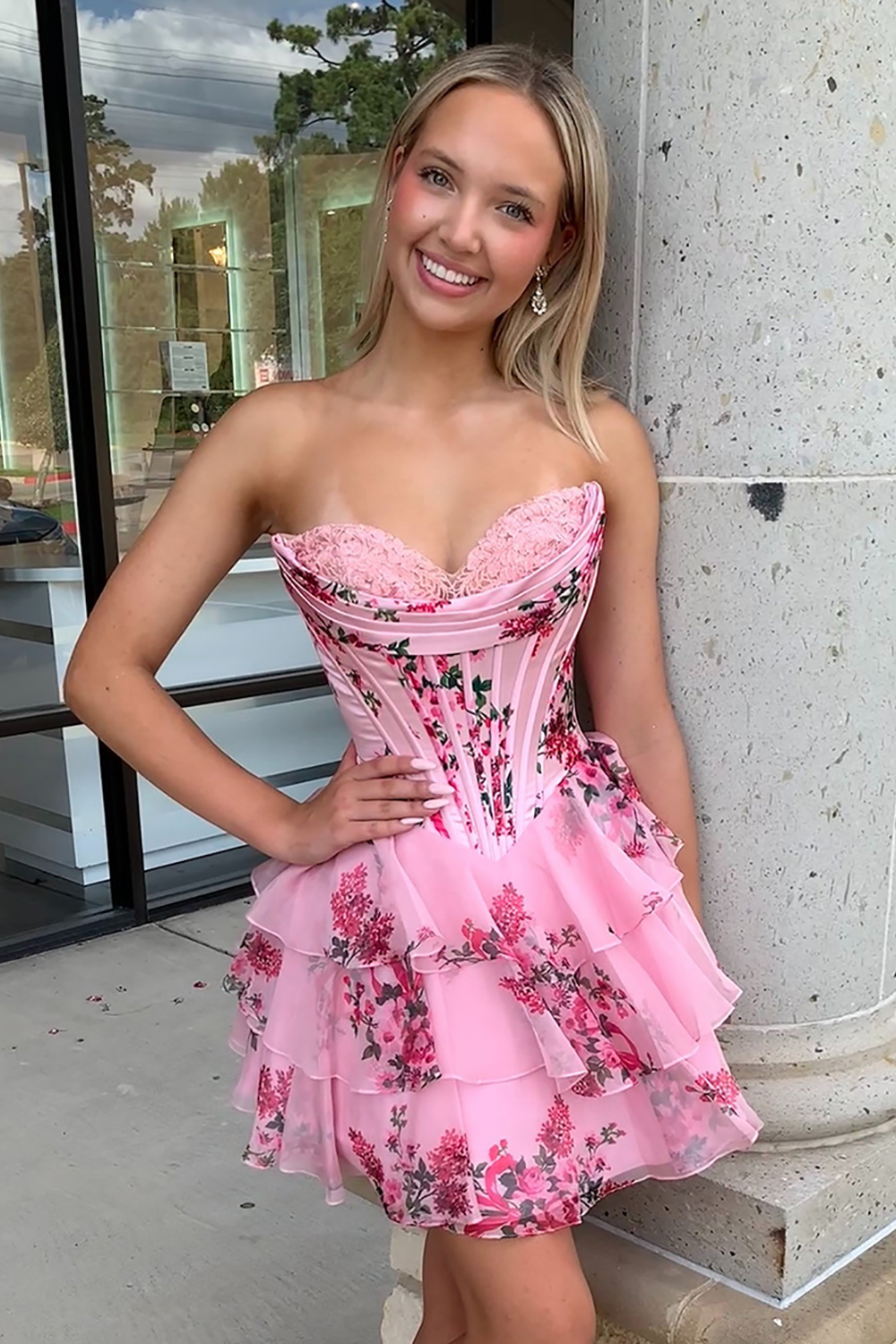 Floral Pink A Line Tiered Sweetheart Short Corset Homecoming Dress