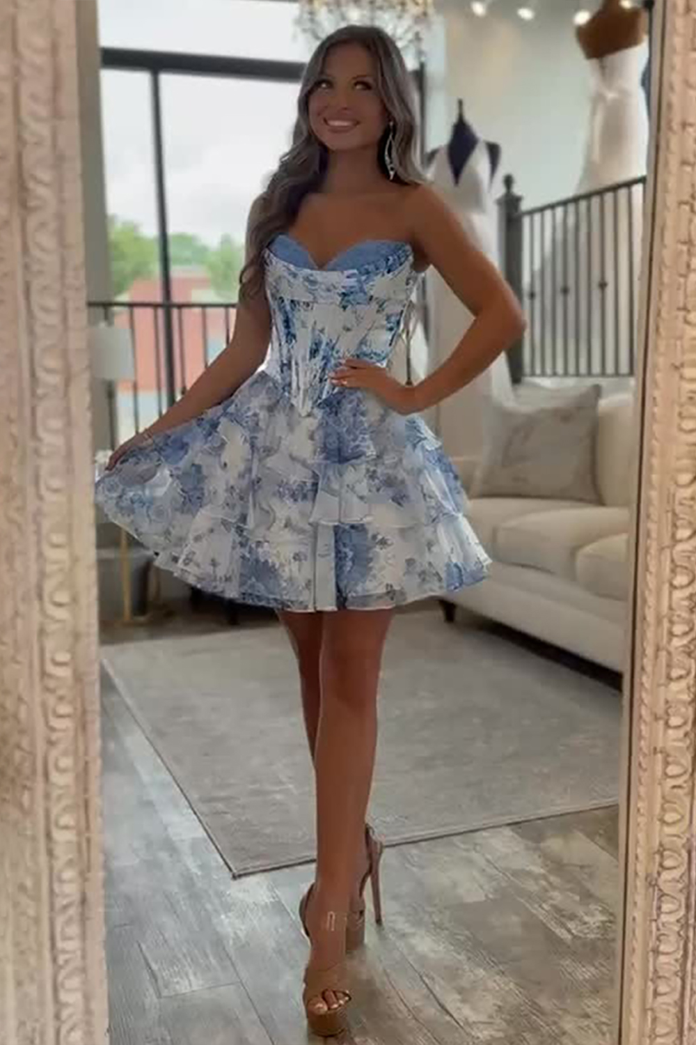 Floral Blue A Line Sweetheart Short Corset Homecoming Dress