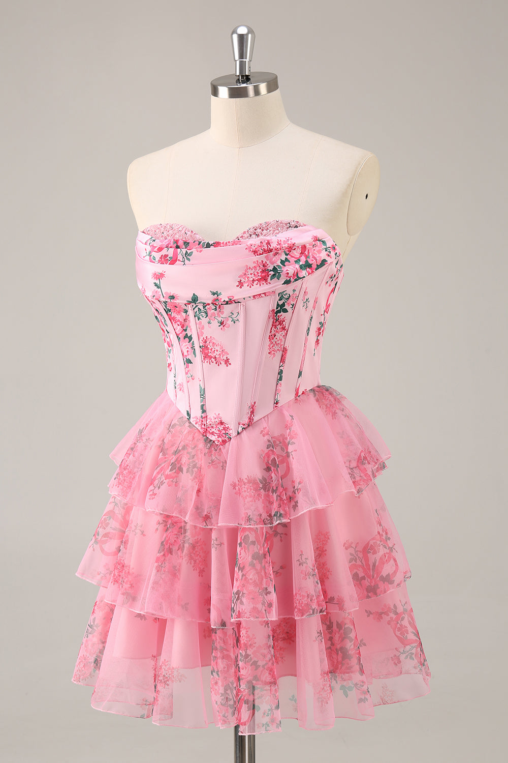 Pink Floral Sweetheart Tiered Corset Short Homecoming Dress with Ruffles