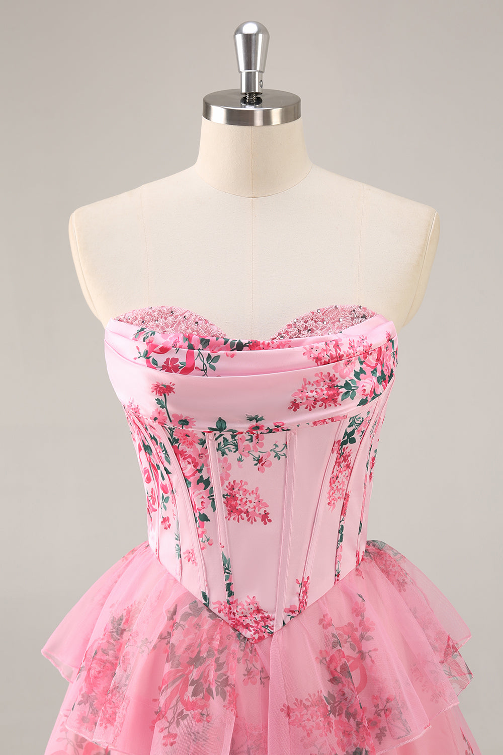 Pink Floral Sweetheart Tiered Corset Short Homecoming Dress with Ruffles