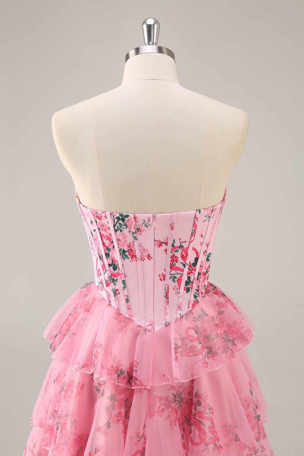 Pink Floral Sweetheart Tiered Corset Short Homecoming Dress with Ruffles