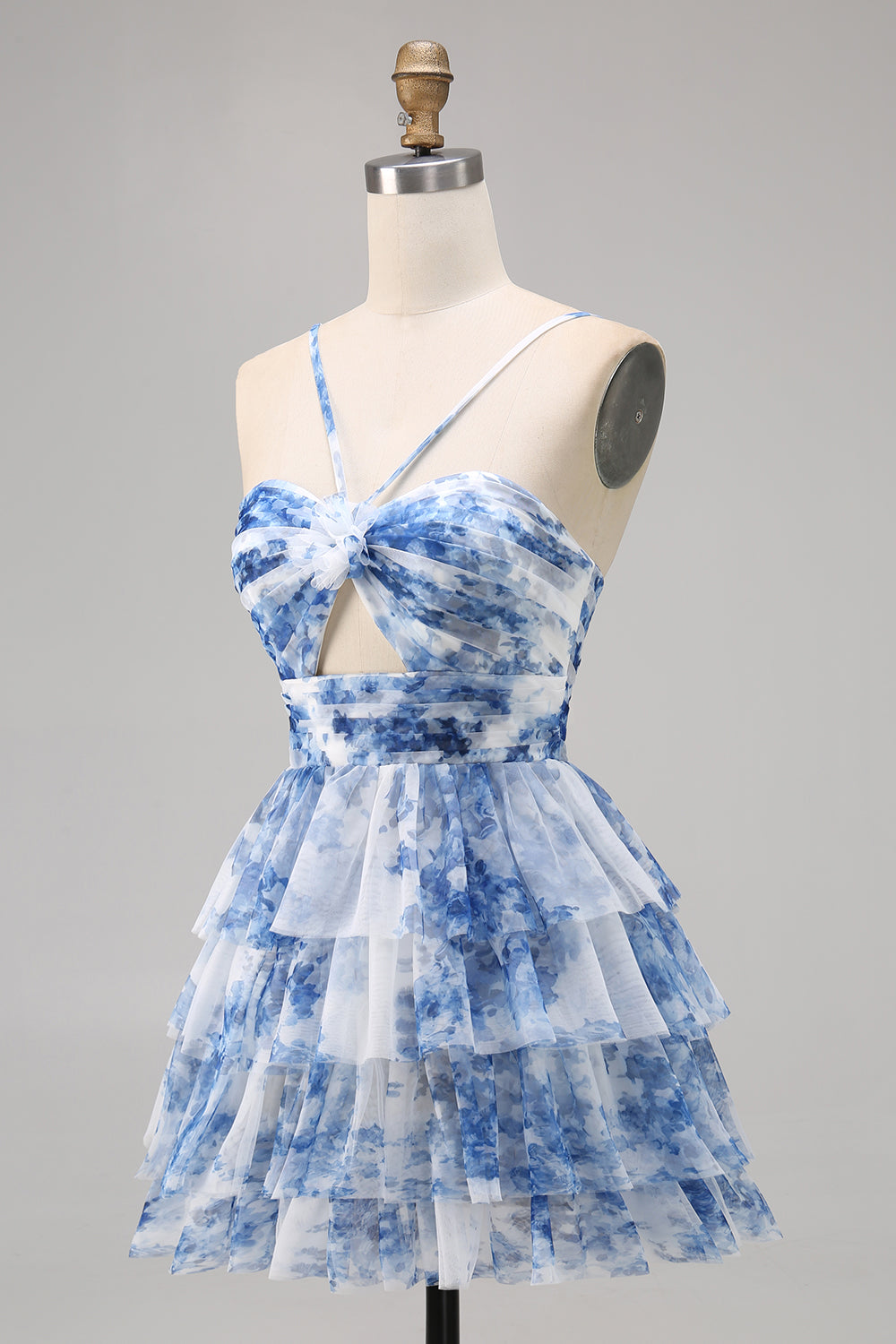 Floral Blue Chiffon A Line Spaghetti Straps Short Homecoming Dress with Ruffles