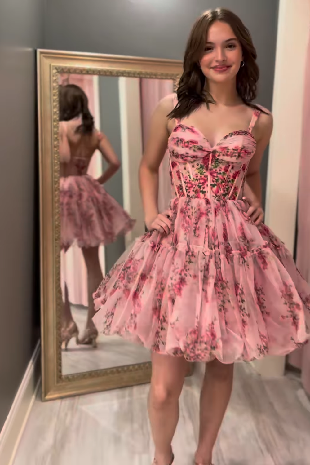 Pink Flower Corset Tulle Sweetheart Short Homecoming Dress