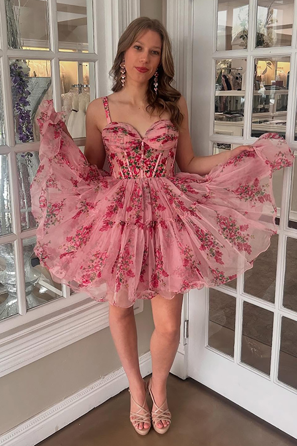 Pink Flower Corset Tulle Sweetheart Short Homecoming Dress