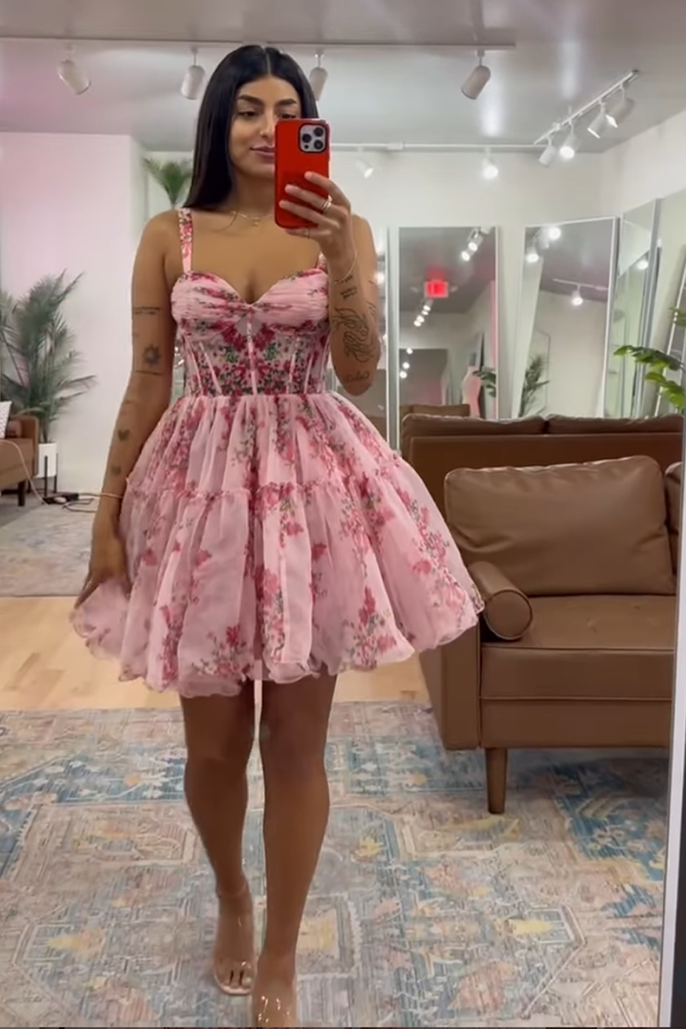 Floral Blush Corset Spaghetti Straps Short Tulle Homecoming Dress