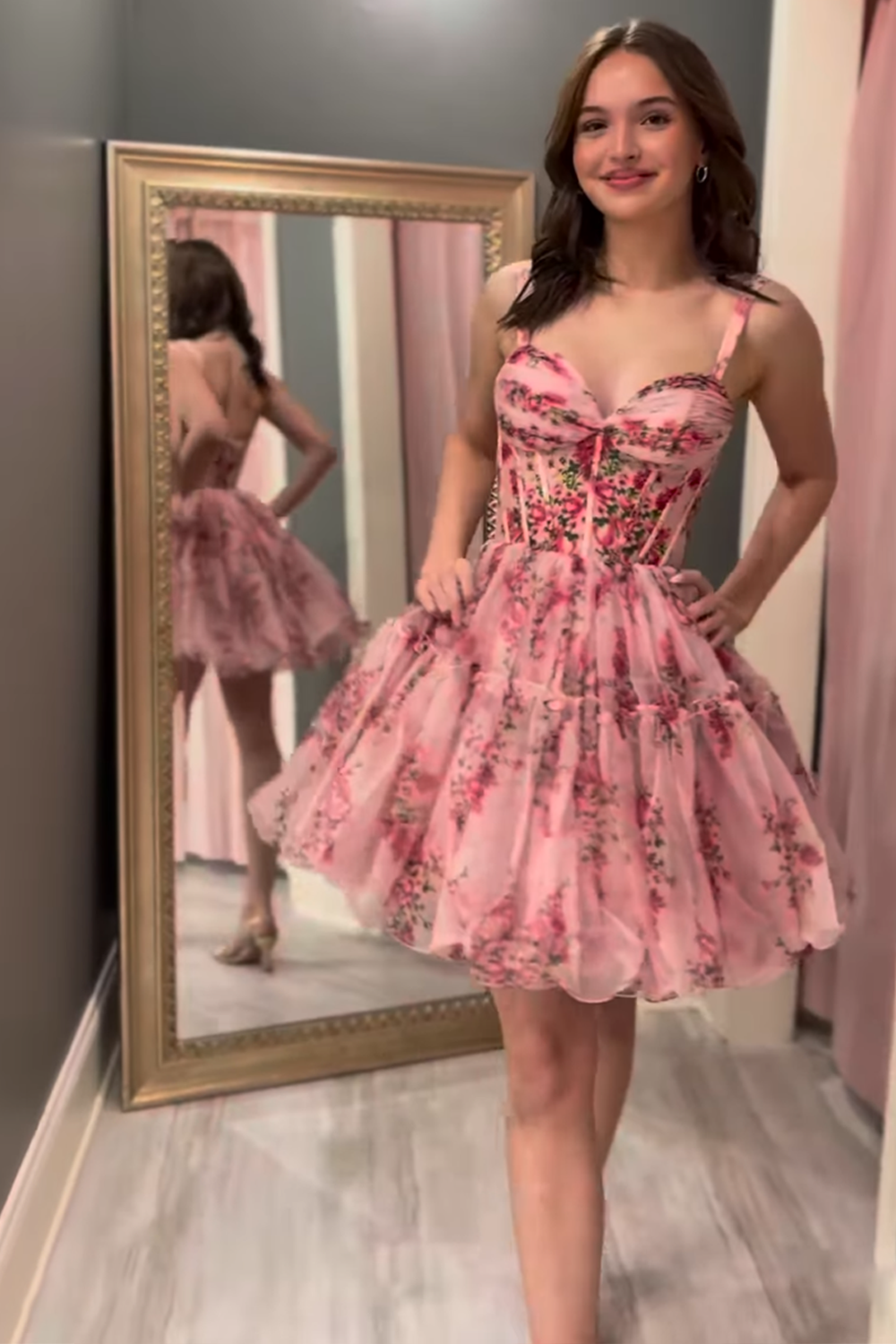 Pink Flower Corset Tulle Sweetheart Short Homecoming Dress