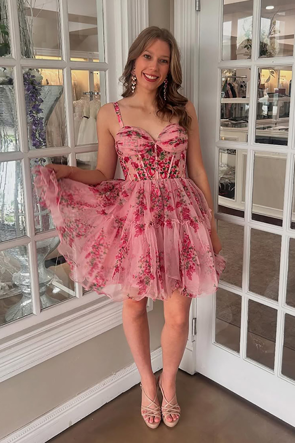 Pink Flower Corset Tulle Sweetheart Short Homecoming Dress