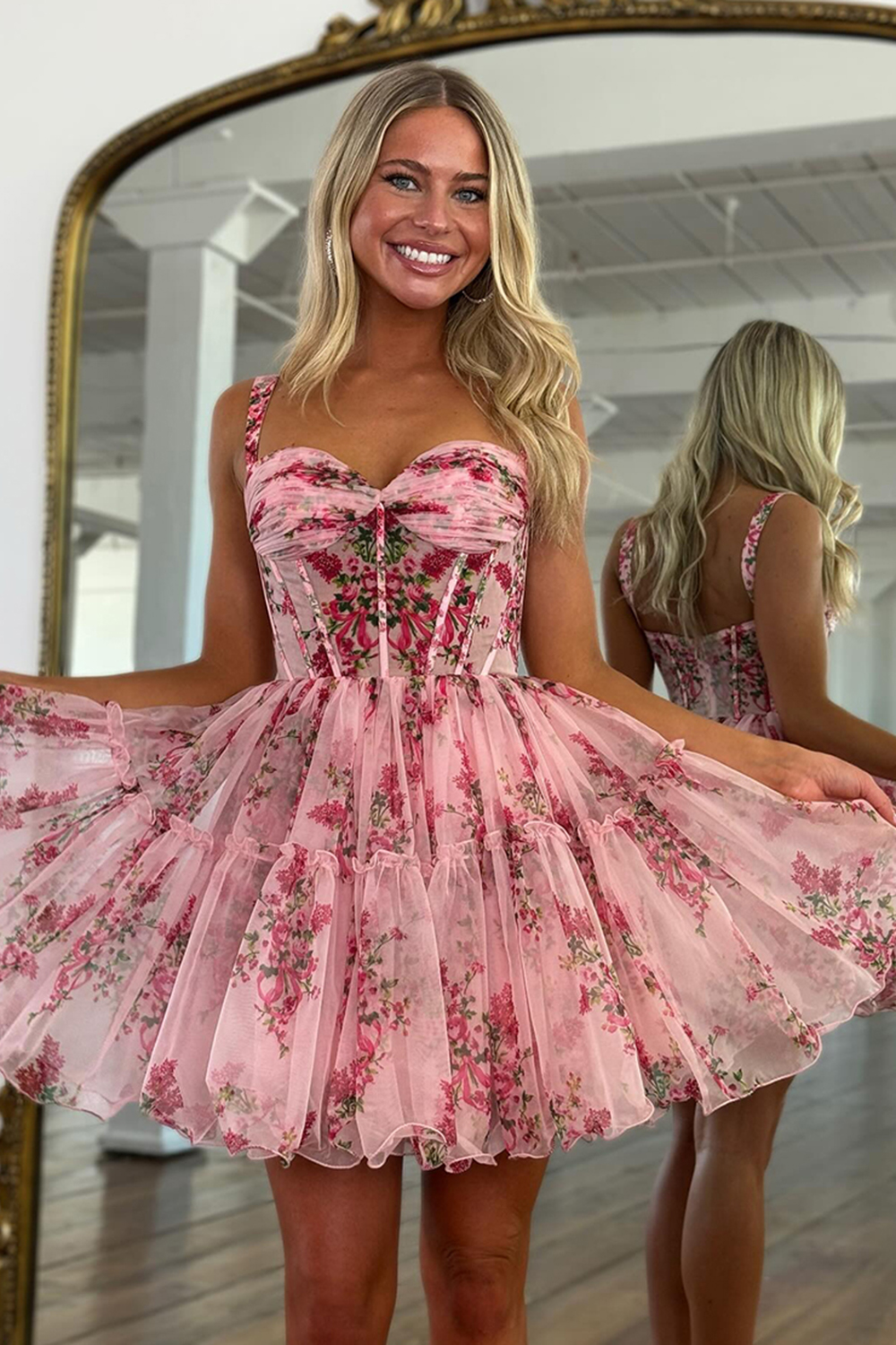 Pink Flower Corset Tulle Sweetheart Short Homecoming Dress