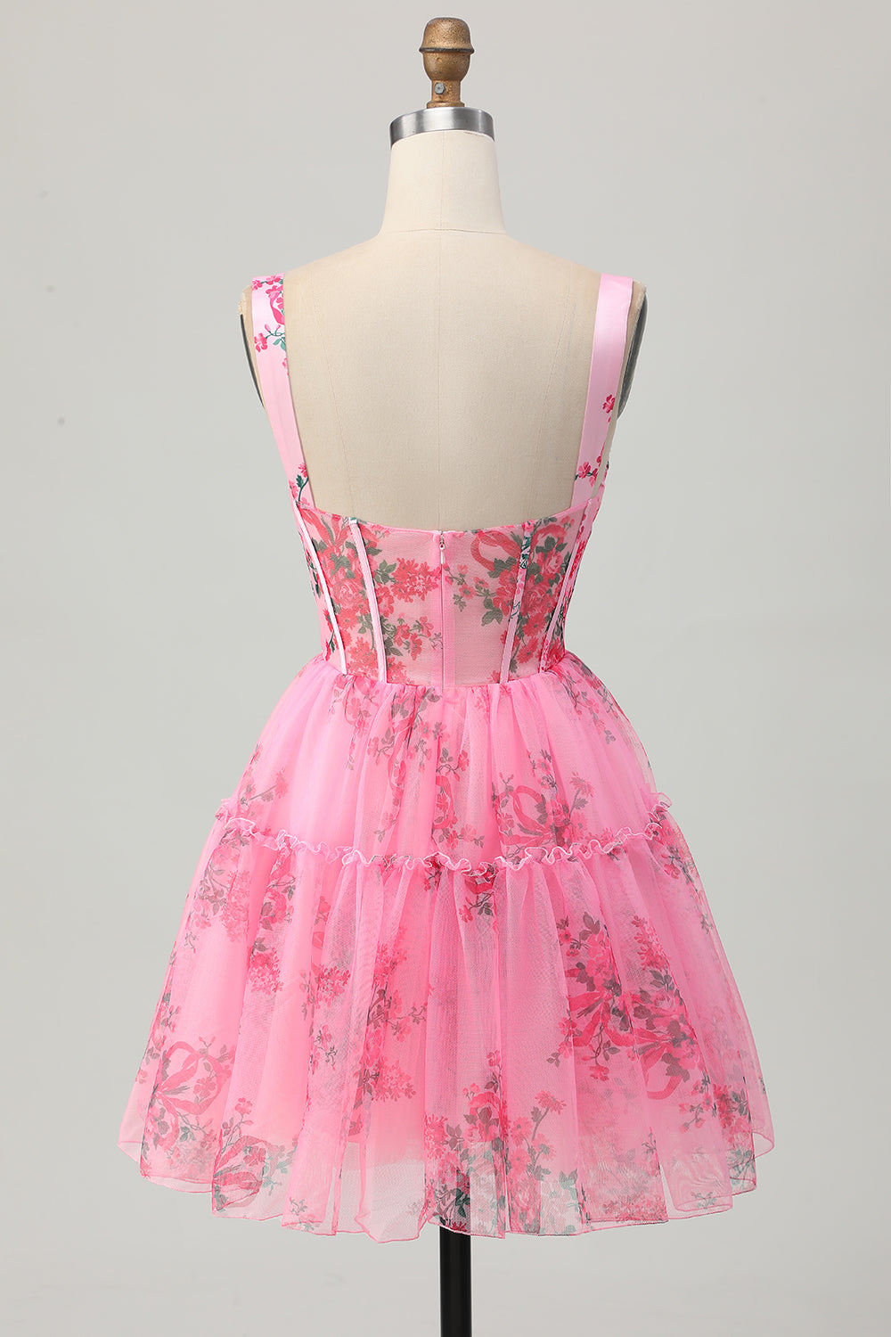 Pink Floral A Line Spaghetti Straps Short Corset Homecoming Dress with Ruffles