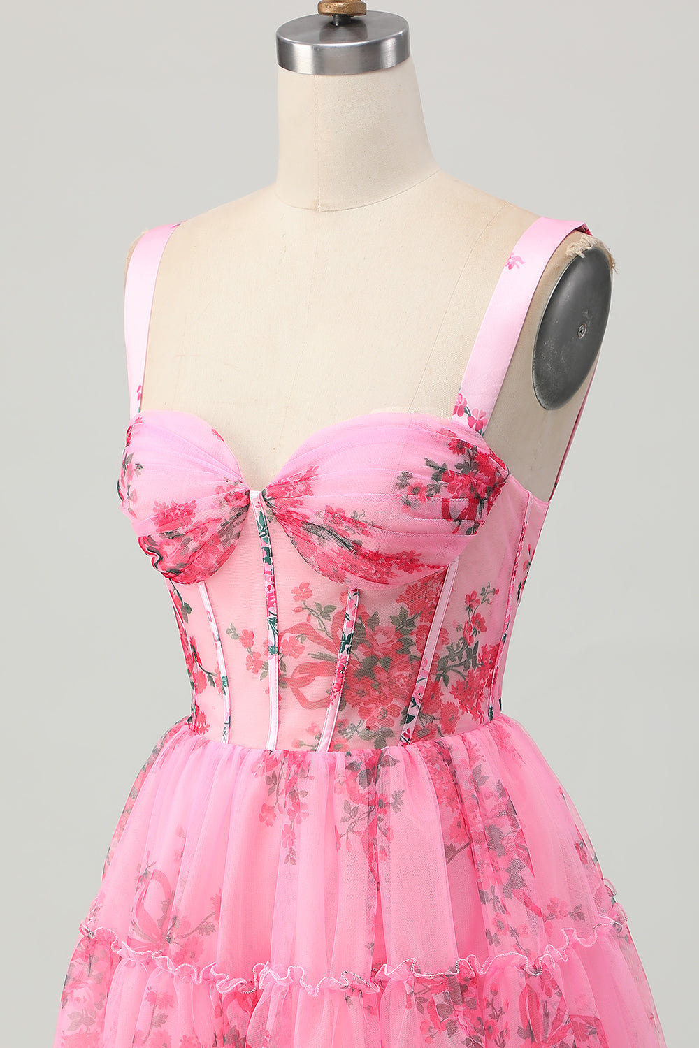 Pink Floral A Line Spaghetti Straps Short Corset Homecoming Dress with Ruffles