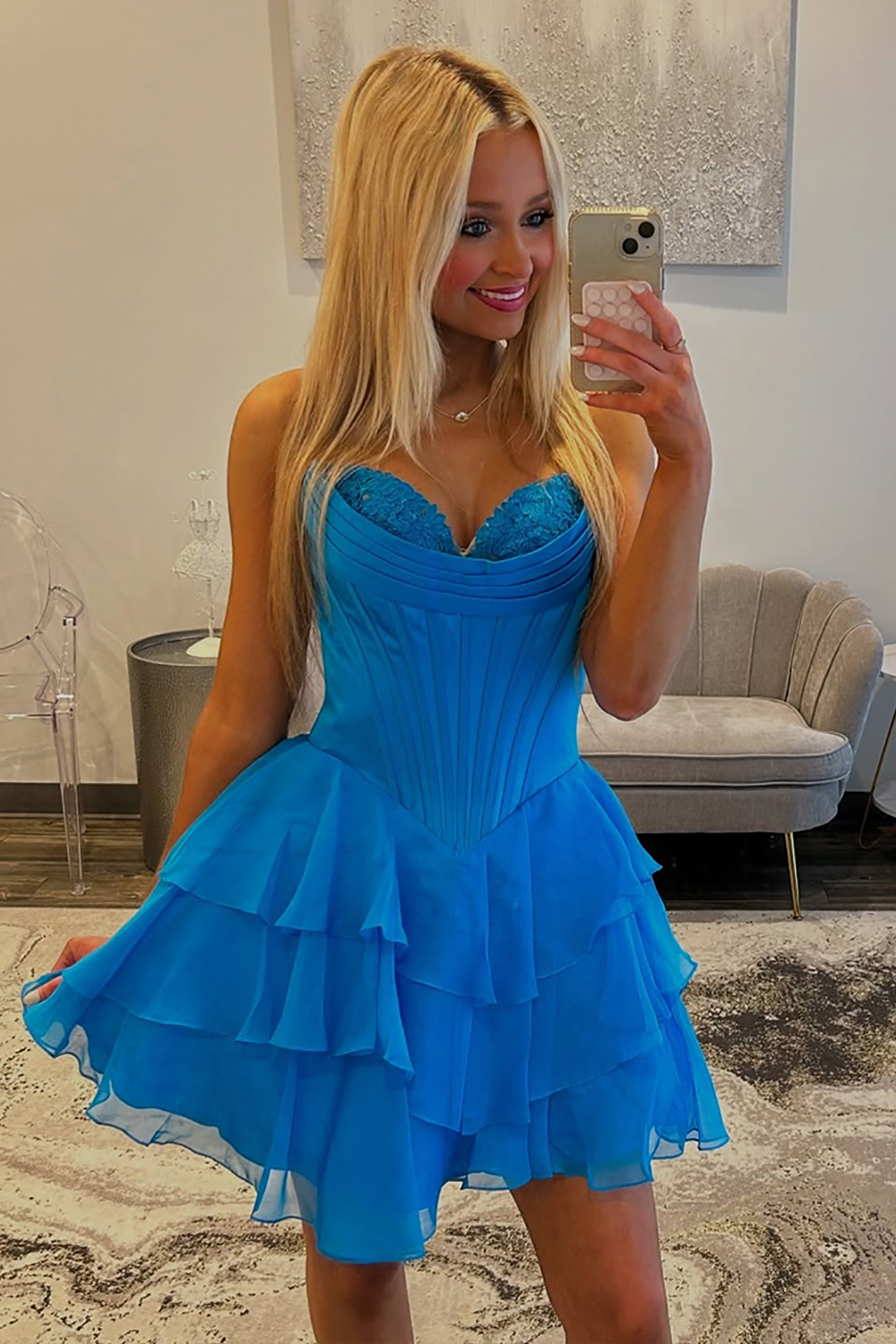 Fuchsia A Line Sweetheart Short Corset Homecoming Dress with Ruffles