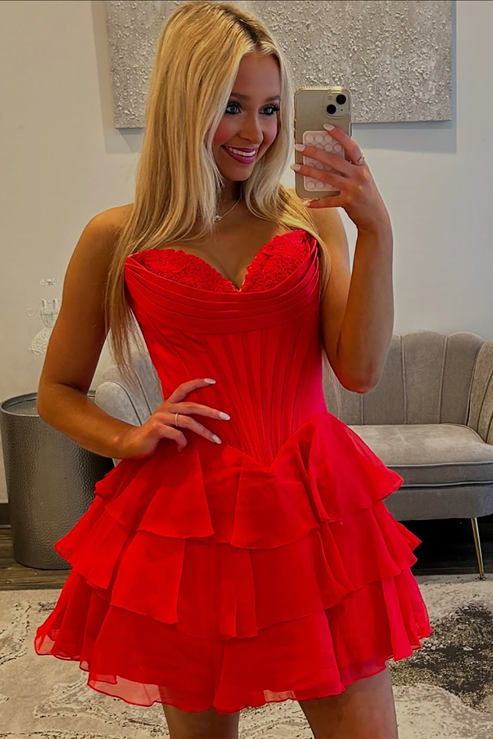 Fuchsia A Line Sweetheart Short Corset Homecoming Dress with Ruffles