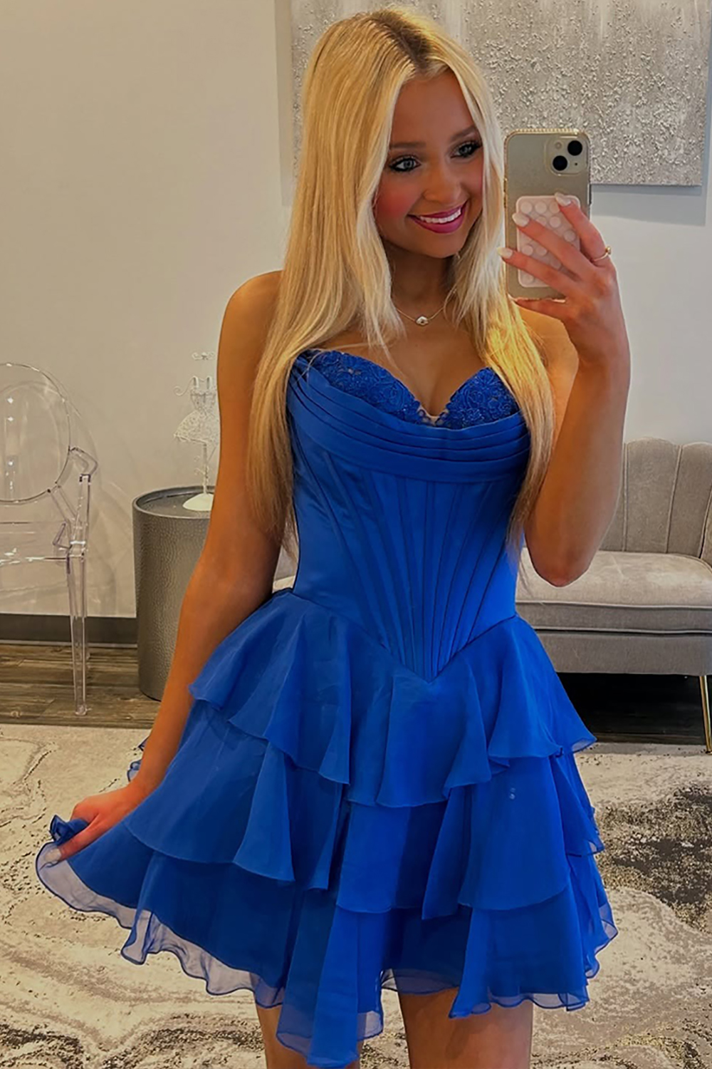 Fuchsia A Line Sweetheart Short Corset Homecoming Dress with Ruffles