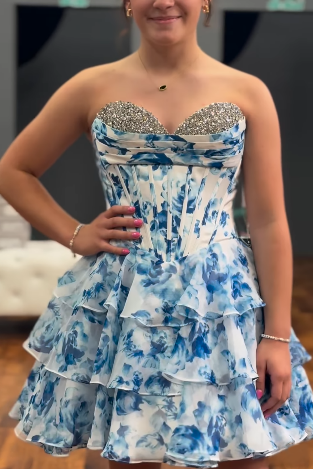 Floral Blue Sweetheart Beaded A Line Short Corset Homecoming Dress