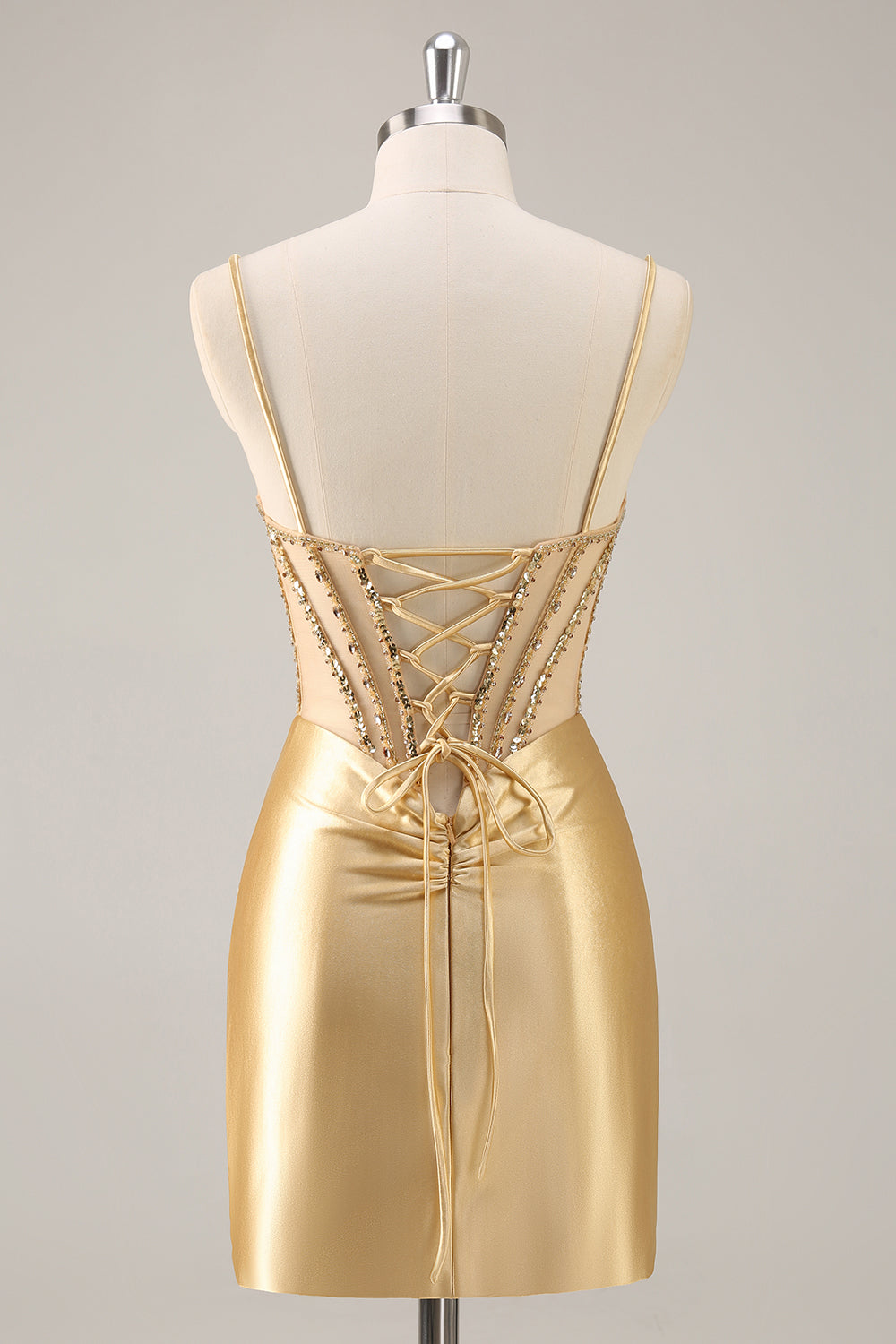 Sparkly Golden Satin Corset Tight Short Homecoming Dress with Rhinestones