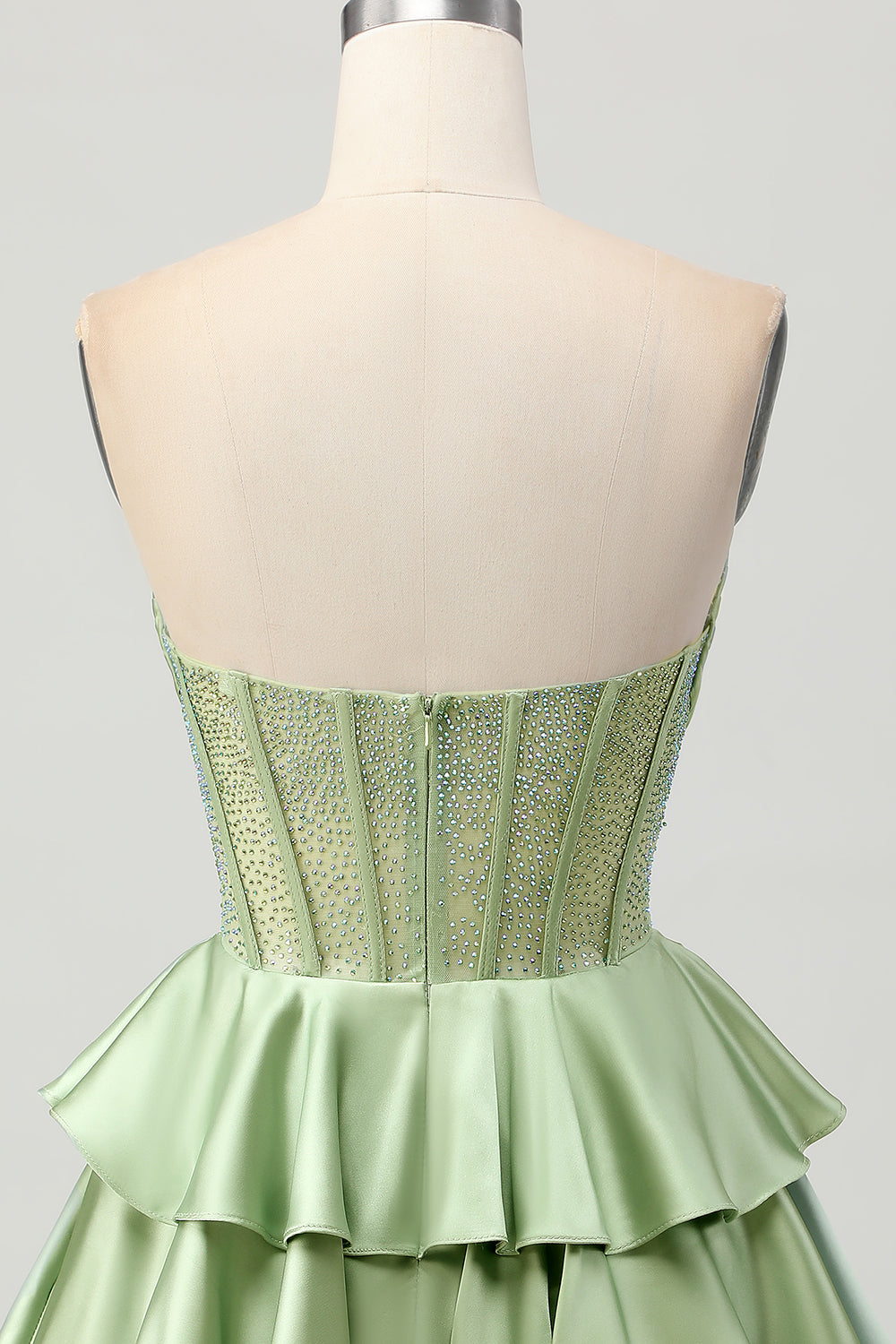 Sparkly Green Strapless Ruffles Short Corset Homecoming Dress with Beading