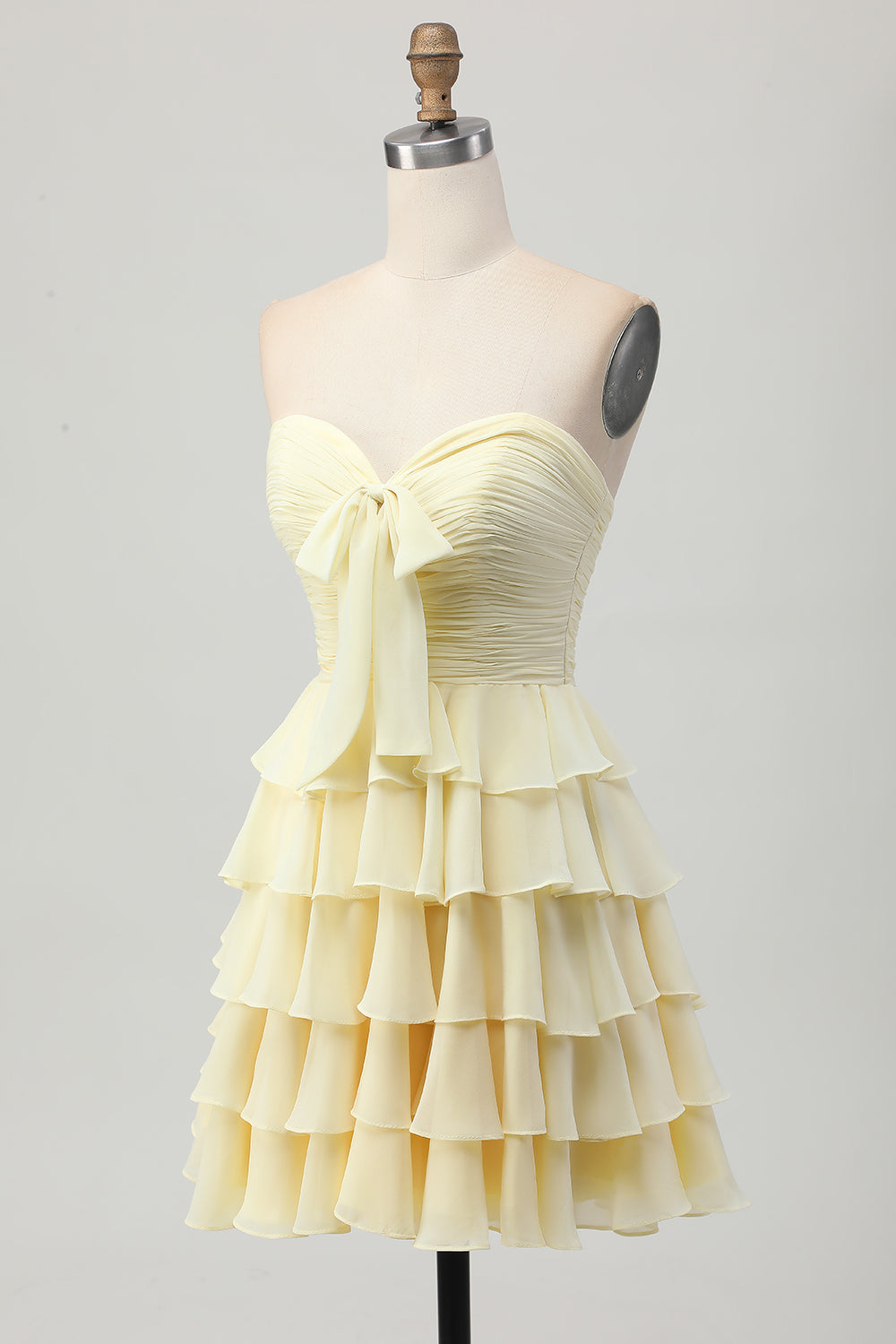 Light Yellow Sweetheart Ruched Tiered Short Homecoming Dress with Bow