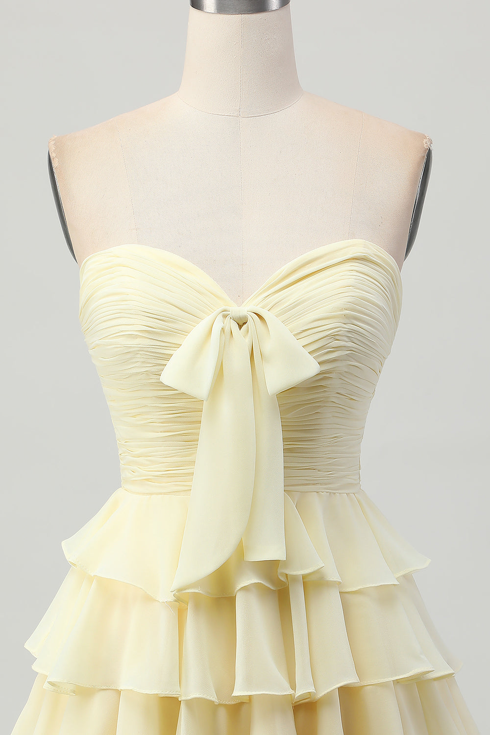 Light Yellow Sweetheart Ruched Tiered Short Homecoming Dress with Bow