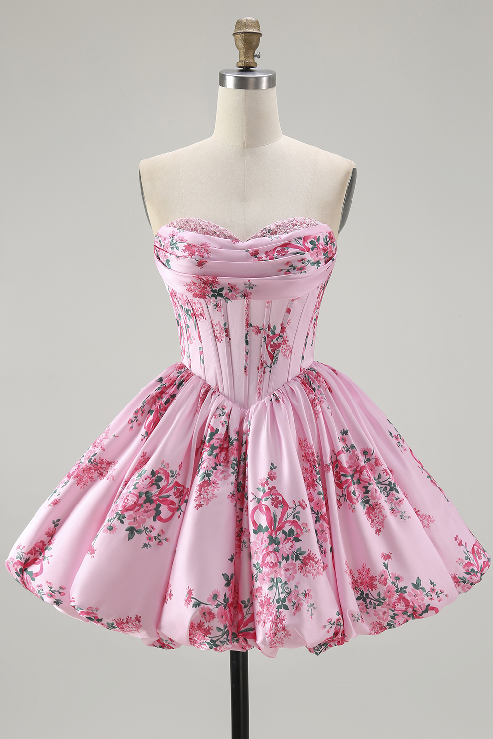 Pink A Line Sweetheart Corset Short Floral Homecoming Dress