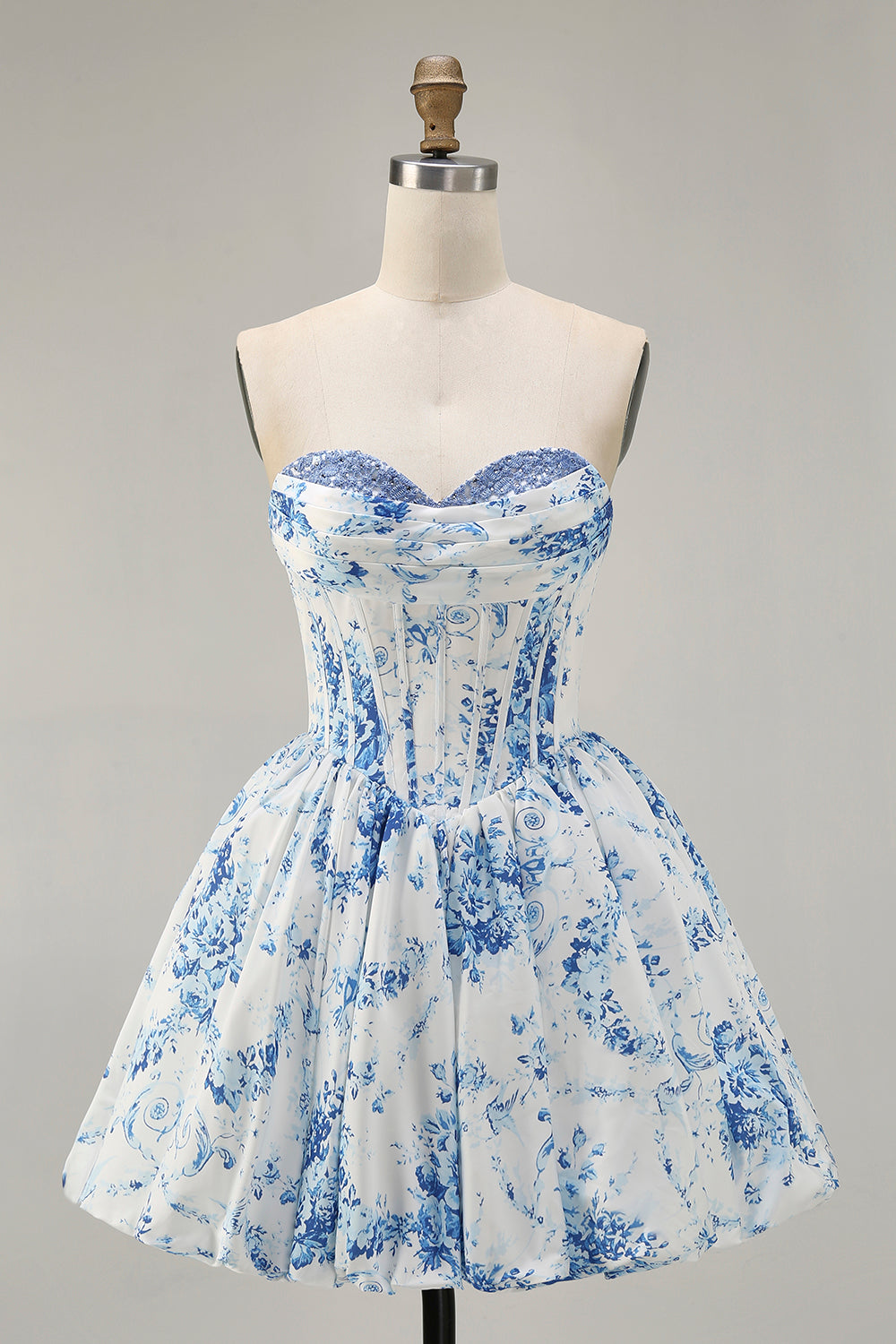 Floral White Blue A Line Sweetheart Short Corset Homecoming Dress