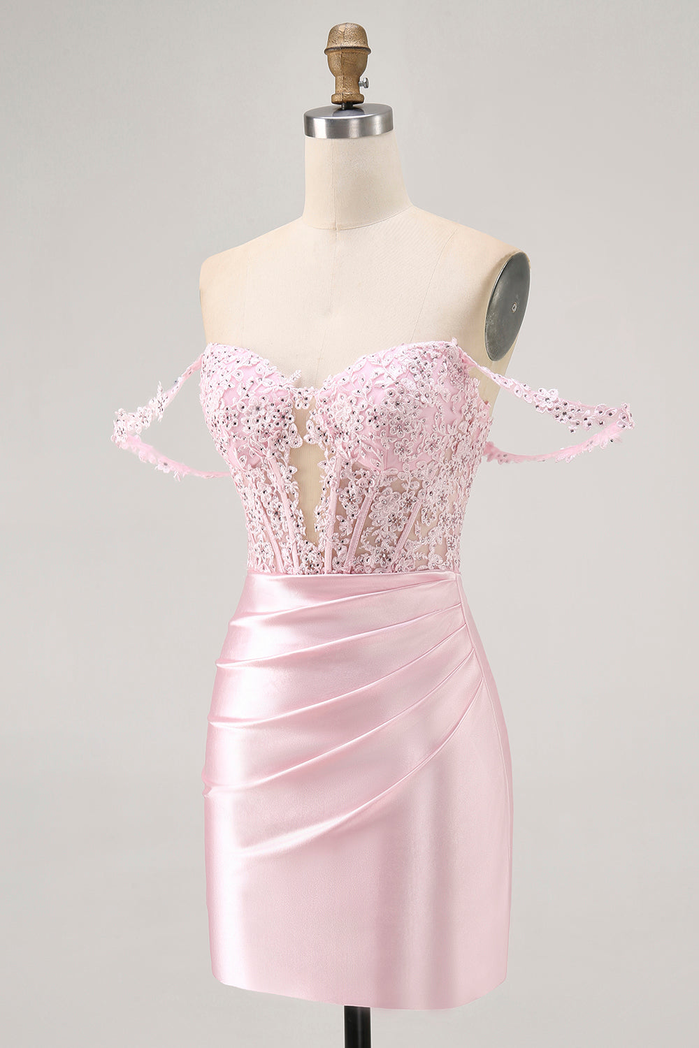 Sparkly Pink Corset Off the Shoulder Beaded Short Homecoming Dress with Lace