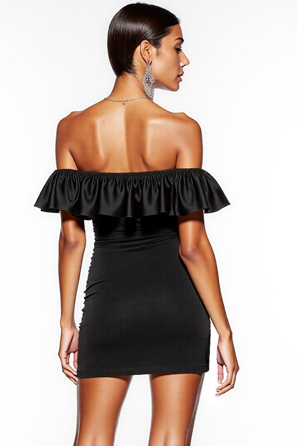 Satin Black Off the Shoulder Short Cocktail Dress with Ruffles