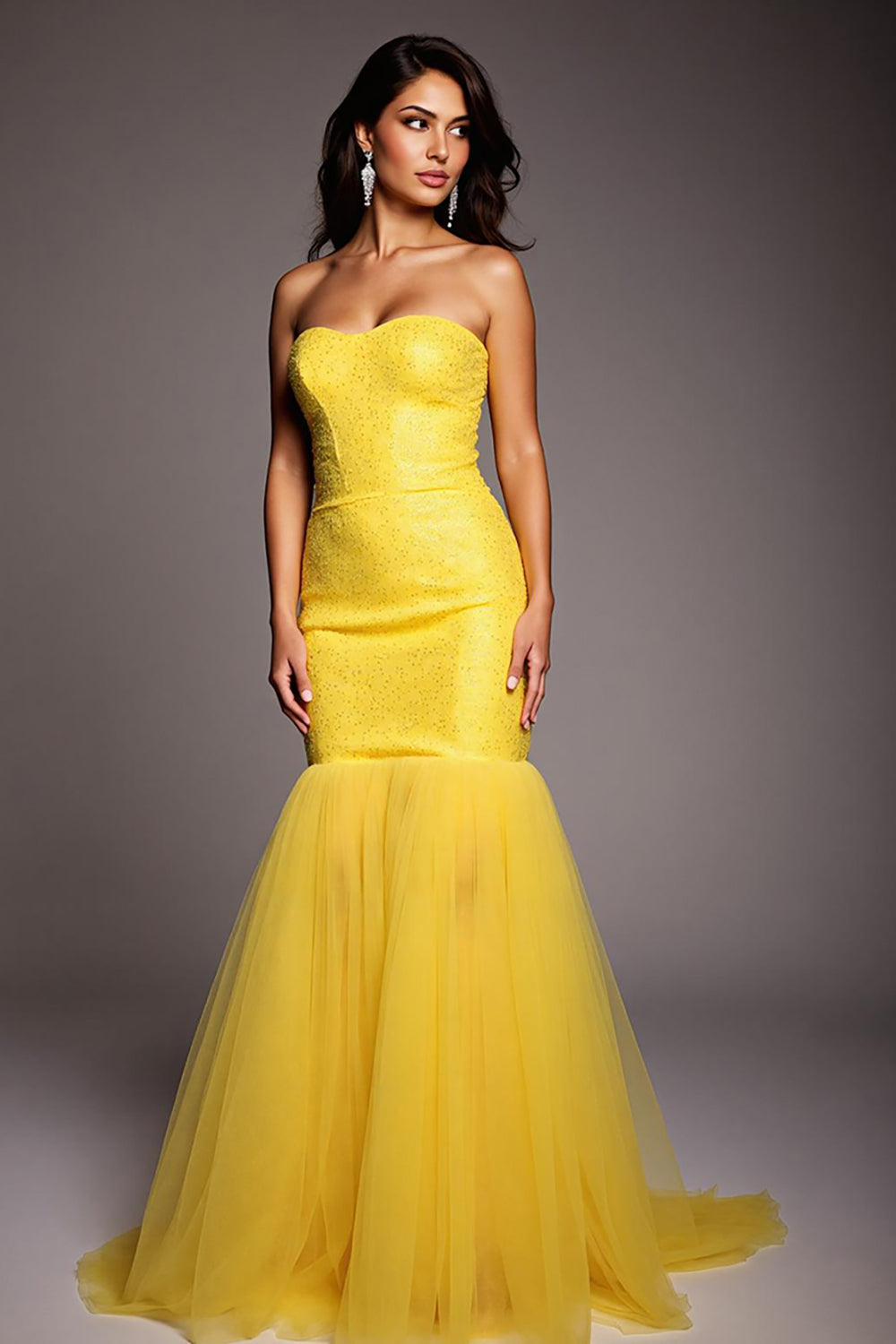 Sparkly Yellow Mermaid Strapless Long Prom Dress with Beading