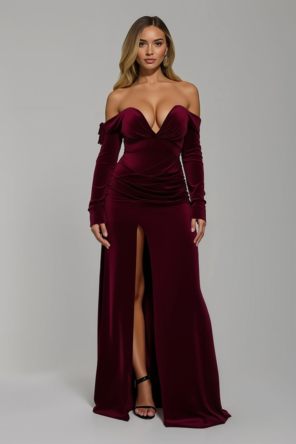 Burgundy Velvet Sheath Off the Shoulder Long Holiday Party Dress with Slit