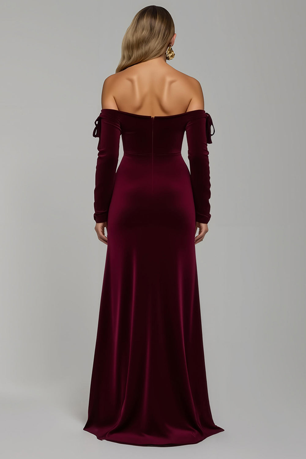 Burgundy Velvet Sheath Off the Shoulder Long Holiday Party Dress with Slit