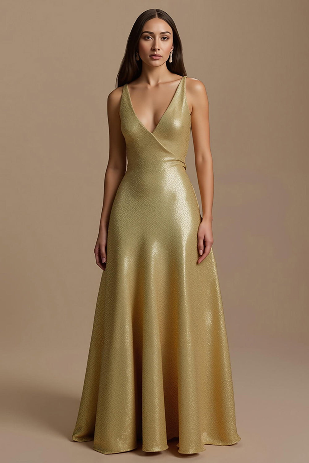Sparkly Golden Sequin A Line V-Neck Long Holiday Party Dress