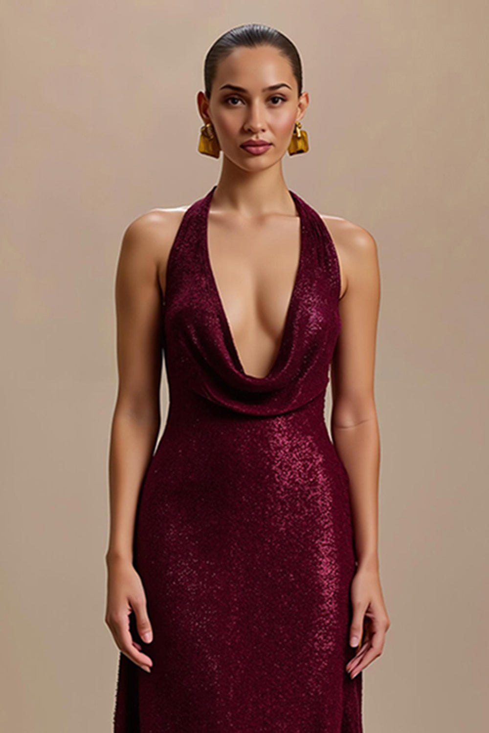 Sparkly Burgundy Sheath Sequin V-Neck Long Holiday Party Dress
