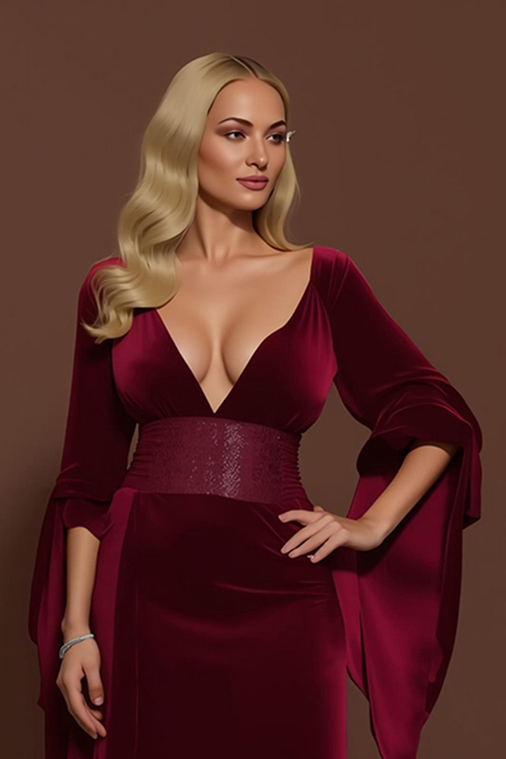 Burgundy Velvet V-Neck Mermaid Long Sleeves Holiday Party Dress 