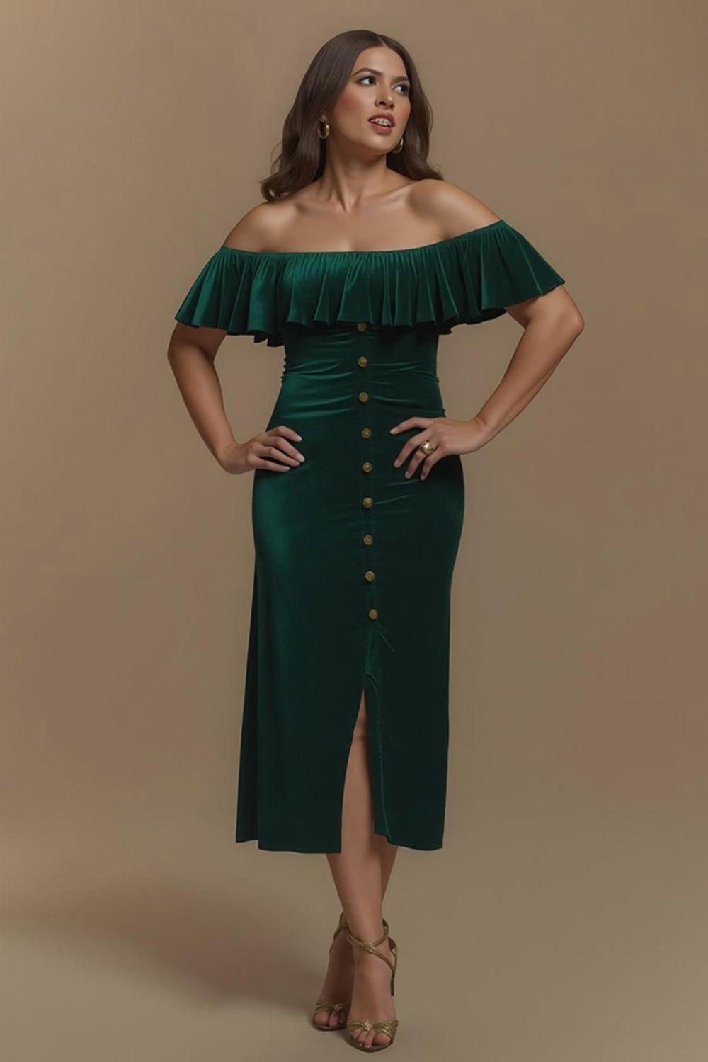 Dark Green Sheath Velvet Off the Shoulder Buttons Long Holiday Party Dress with Slit