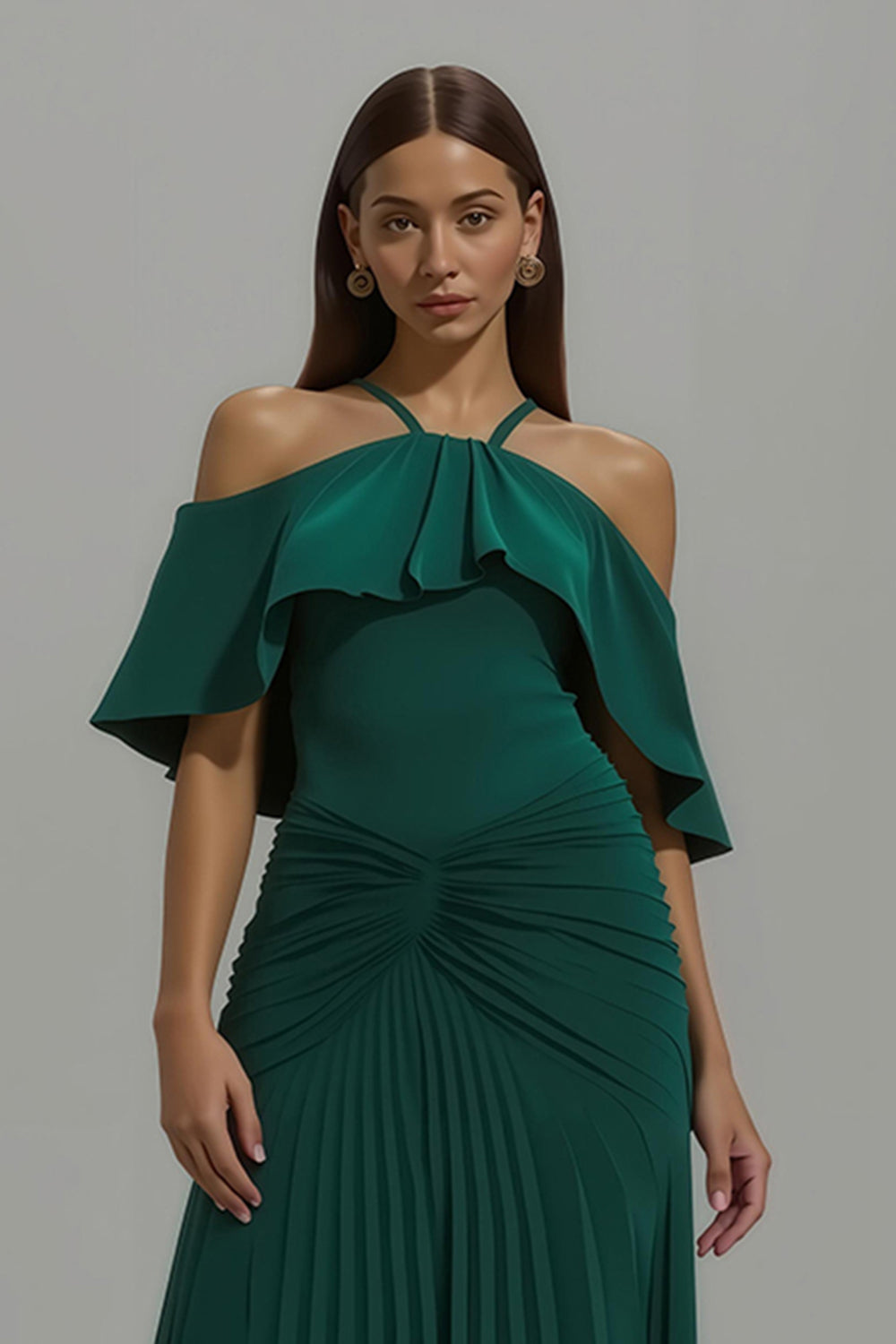 Dark Green Chiffon Sheath Pleated Long Holiday Party Dress with Ruffles