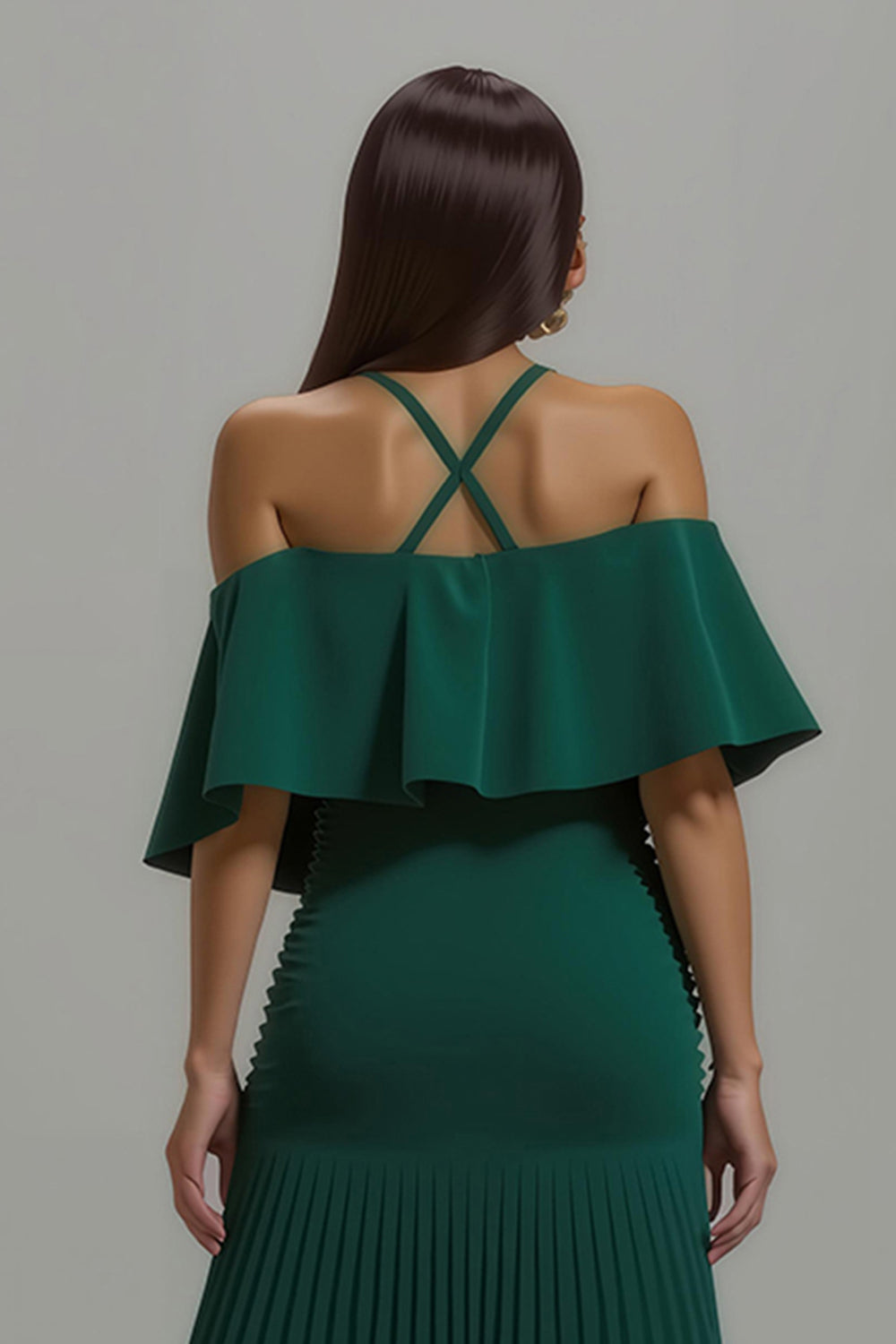 Dark Green Chiffon Sheath Pleated Long Holiday Party Dress with Ruffles