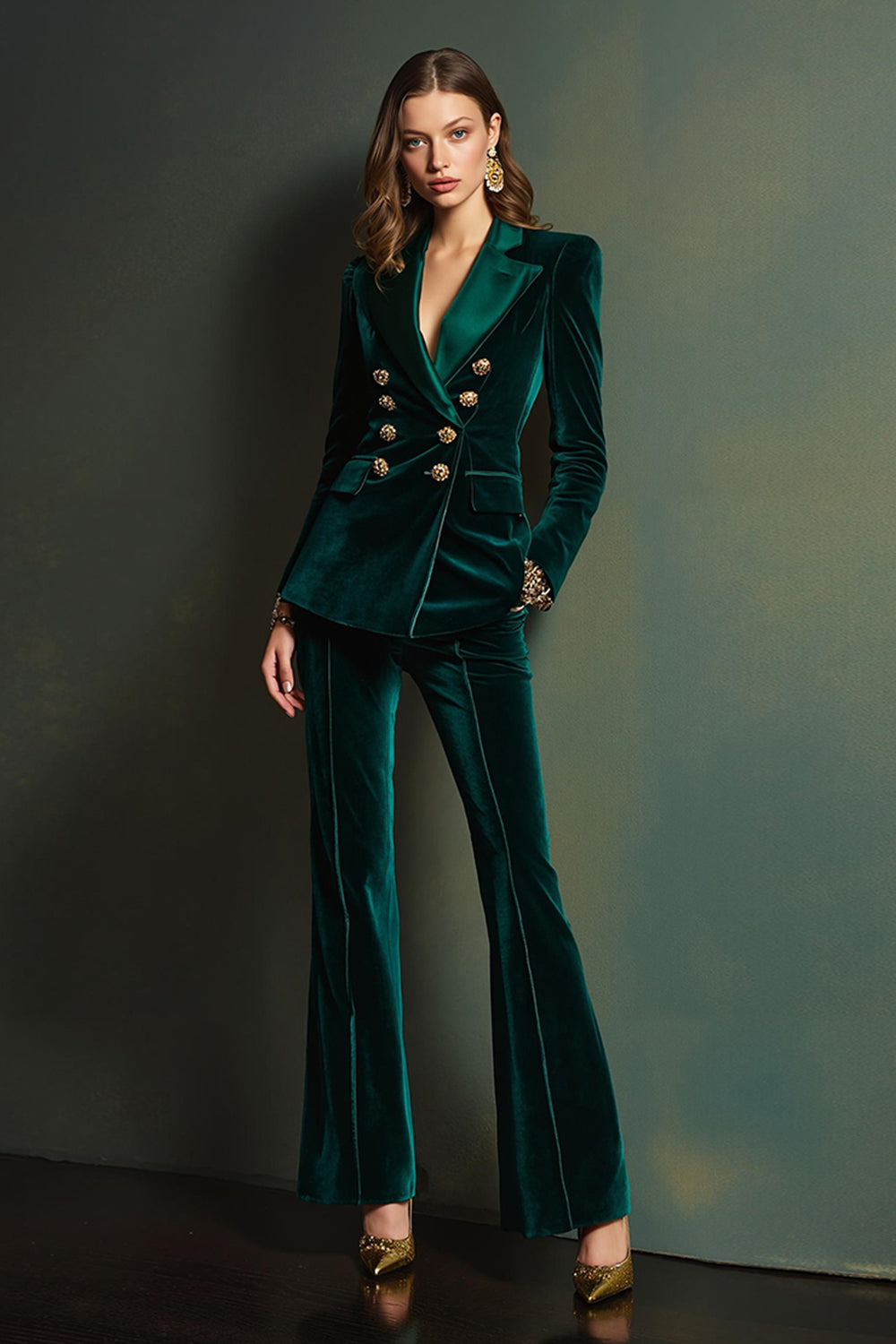 Hellymoon Women 2 Piece Dark Green Velvet Prom Suits Double Breasted Peak Lapel Party Tuxedo with Pockets