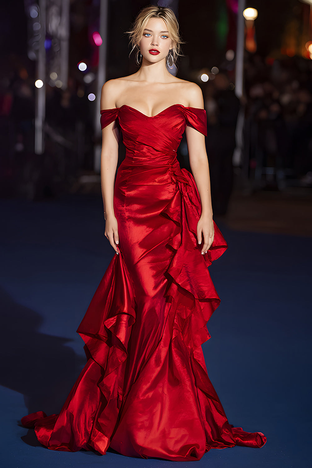 Hellymoon Women Elegant Red Satin Long Prom Dress with Ruffles Off the Shoulder Mermaid Formal Dress