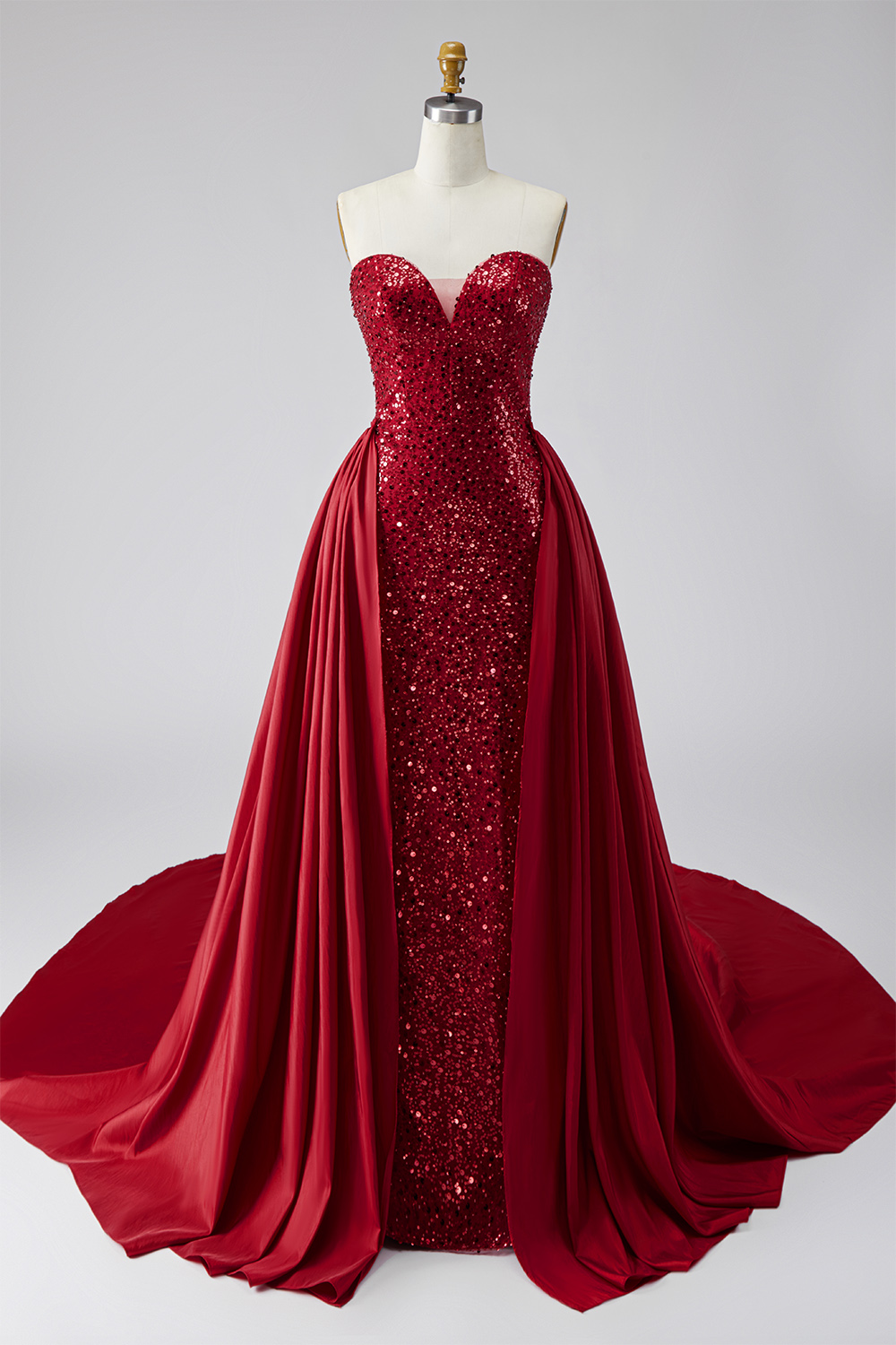 Sparkly Dark Red Sequin Strapless Mermaid Long Pageant Dress with Cape