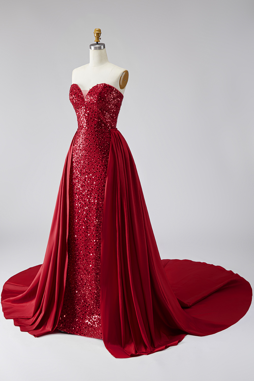 Sparkly Dark Red Sequin Strapless Mermaid Long Pageant Dress with Cape