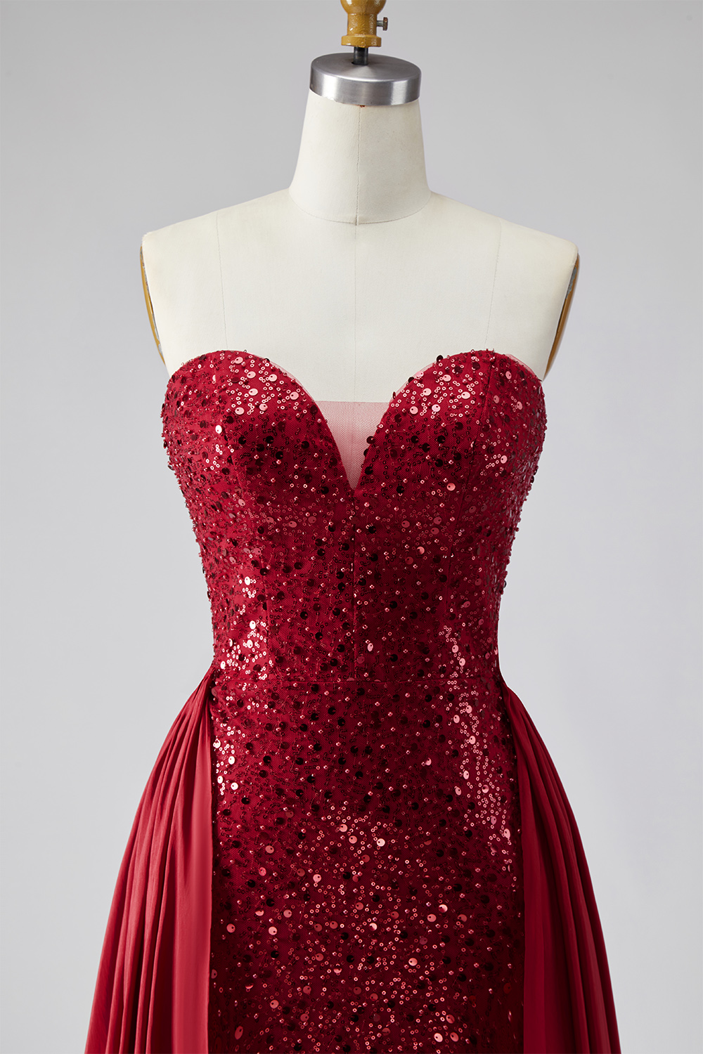 Sparkly Dark Red Sequin Strapless Mermaid Long Pageant Dress with Cape