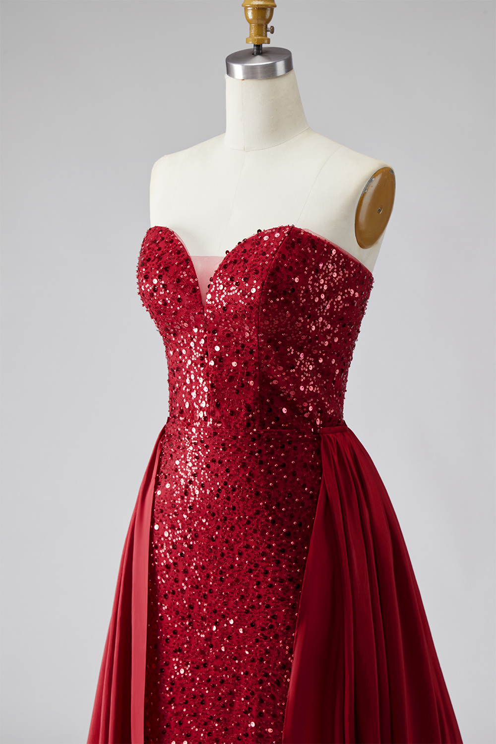 Sparkly Dark Red Sequin Strapless Mermaid Long Pageant Dress with Cape